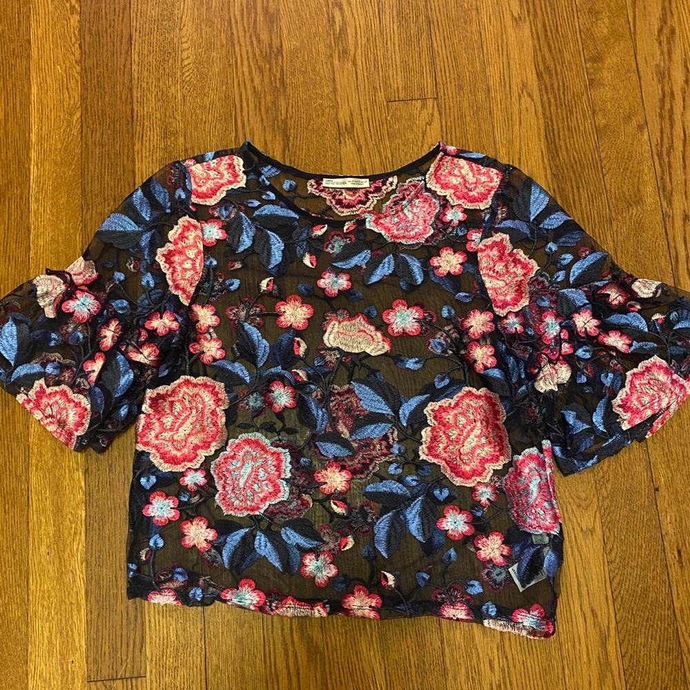 Sheer embroidered bell sleeve top